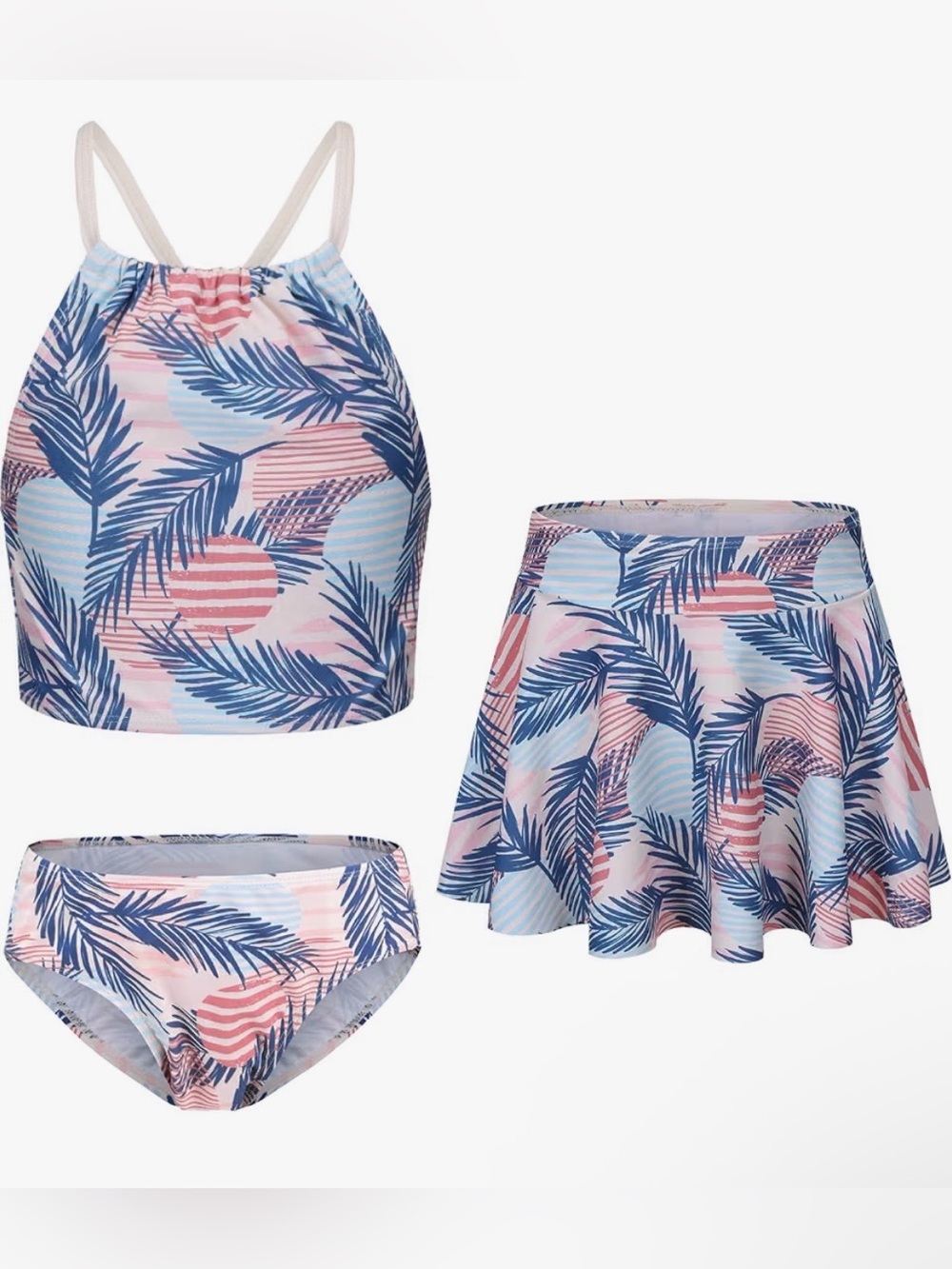 Girls Pink & Blue Tropical Print 3 Piece Swim Set Size 7-8
